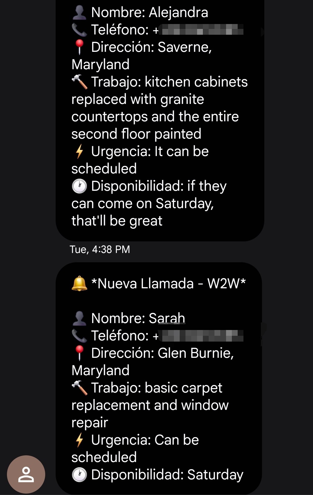 SMS W2W lead capturado